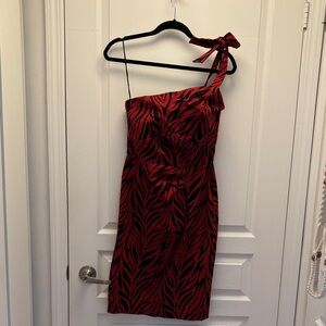 Damsels - One-Shoulder Red Tie-Shoulder Patterned Dress